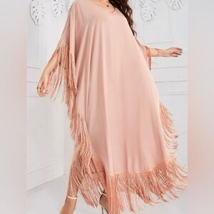 Vintage Blush Pink V-Neck Fringed Kaftan